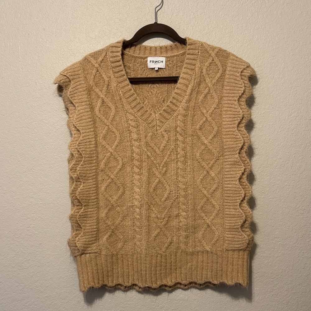 FRNCH Camel V-Neck Cable Knit Sweater Vest